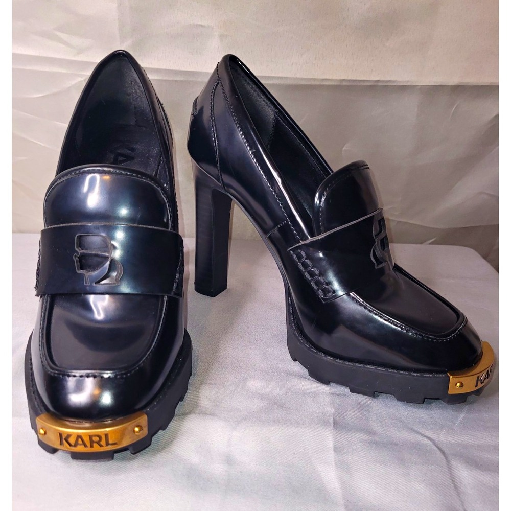 Karl Lagerfeld Women's Black Patent Leather Loafer Heels Lug Sole Gold Logo